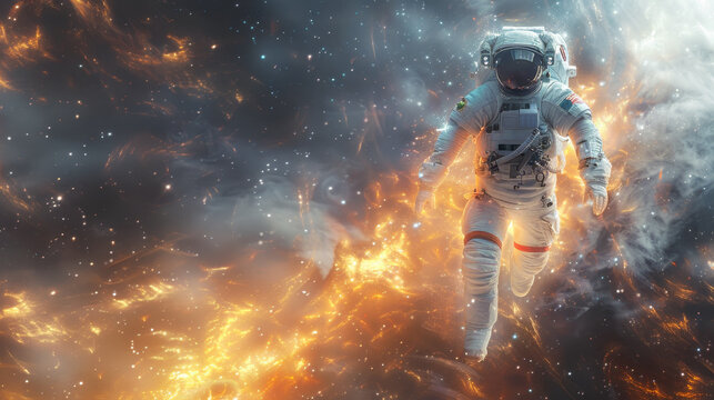 An astronaut in a spacesuit is flying through intense flames engulfing the surroundings.