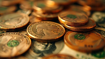 A heap of gold coins resting above a mound of dollar bills, showcasing wealth and financial assets