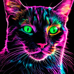 A tangle of feline animals on a neon black background of digital particles.