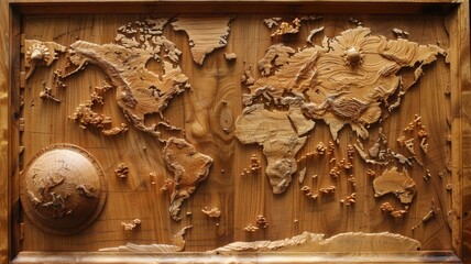 Cartography of the fictional firmament between two worlds carved in oak