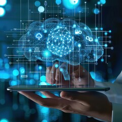 AI, data science, digital technology concept. Computer programmer using digital tablet with AI machine learning, data management system, cloud computing technology.