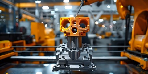 Close-up of D Printed Cylinder Engine Block in an Industrial Metalworking Environment. Concept 3D Printing Technology, Industrial Manufacturing, Metalworking, Engine Design, Close-Up Photography