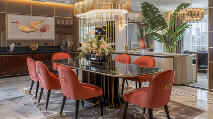 Chic interior decor with very vibrant and elegant furniture, enhancing the modern aesthetic of the dining room
