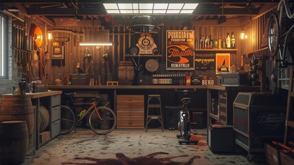 home beer brewery in a garage, warm lights, rock posters on the walls, spin bike in the center,