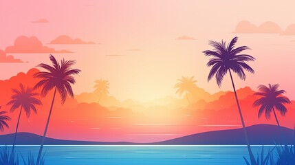 Fototapeta premium A serene tropical sunset with palm trees and the vast ocean in the background creates a picturesque view. purple and orange nature on the beach