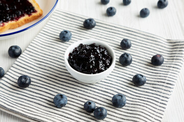 Blueberry Jam Preserves in a Bowl, side view.
