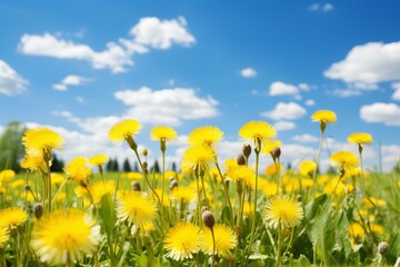 Vibrant yellow dandelions in full bloom against a clear blue sky on a bright day