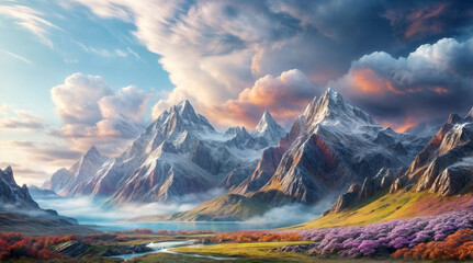 Scenic mountain landscape painting with fluffy clouds and colorful flowers in bloom.