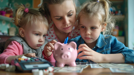 A mother with daughters putting money into a piggybank. Family saving and budget planning