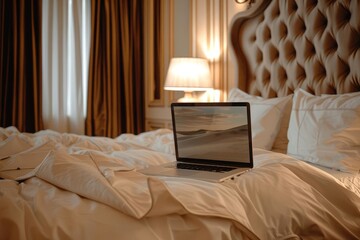 A laptop on a luxurious bed in a highend hotel room, suggesting business travel or vacation workflow