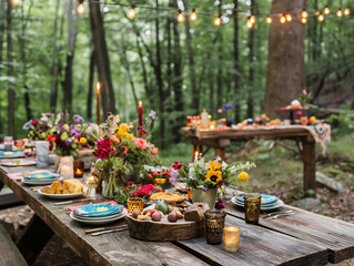 Romantic, rustical and opulent summer garden party at sunset