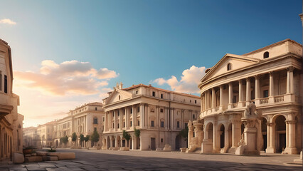 Sunlit ancient Roman architecture street view