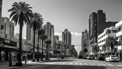 Fototapeta premium Monochrome cityscape with palm trees and buildings