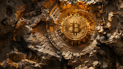 Fototapeta premium Gold Bitcoin Engraved in the Rock