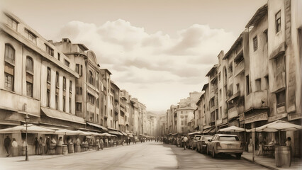 Obraz premium Old city street with parked cars and shops