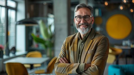 Fototapeta premium Image of a successful senior consultant standing in an office with modern geometric designs, smiling at the camera