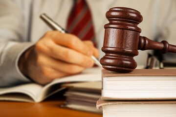 Law, judge wooden gavel for legal trial