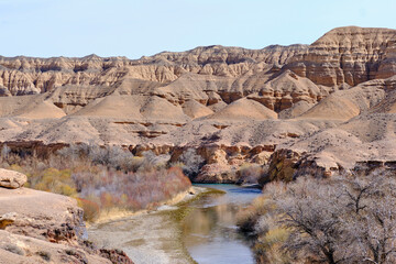 Charyn River going along the Moon Canyon, part of Charyn Canyon, national natural park in Kazakhstan