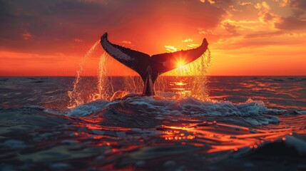 Fototapeta premium Vibrant sunset behind a majestic whale tail splashing in the ocean.