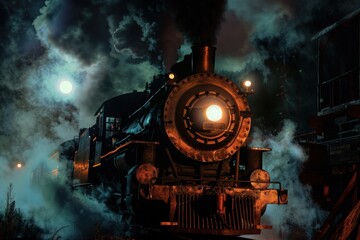 Black steam train with smoke and lights, full moon in the background, fantasy, fiction.
