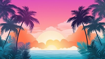 Serene tropical sunset scene featuring palm trees and water, perfect for a relaxing atmosphere. A tranquil tropical sunset setting with palm trees.