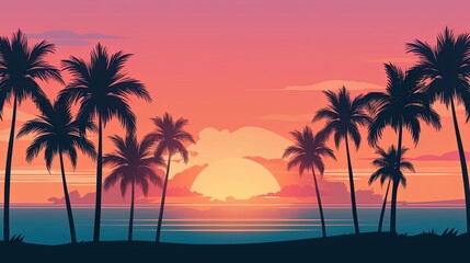 Palm trees silhouetted against a vibrant sky, Tranquil tropical sunset setting with palm trees and the ocean in the backdrop