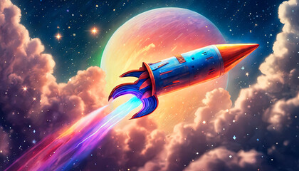 Fototapeta premium Vibrant Rocket Ship Soaring through the Starry Sky