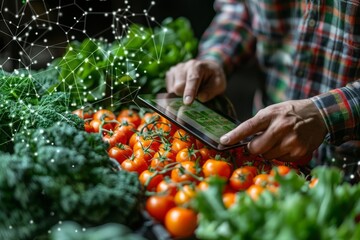 Blockchain in agriculture, showing a farmer using a tablet to track produce through smart contracts, blending traditional farming with modern tech