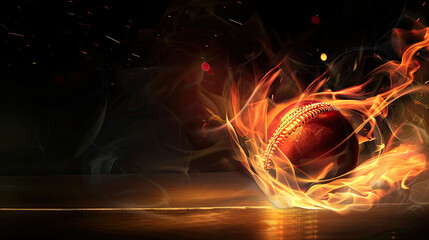 A photorealistic depiction of a cricket ball engulfed in flames, captured in action on a pitch illuminated by floodlights with a black background, emphasizing dynamic movement.
