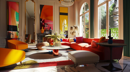 Contemporary interior design featuring vibrant and classy furniture, creating a lively ambiance