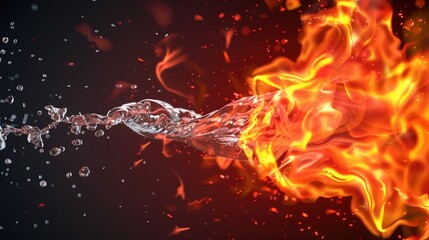 close-up view of a blazing fire with water splashing out of it. The flames are vivid against the dark backdrop, and the water adds a dynamic element to the scene