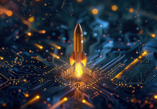Golden rocket taking off at the bottom of an electronic circuit board, concept of technology, artificial intelligence, startup.