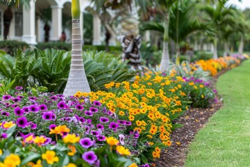 Vibrant tropical paradise  palm trees, exotic flora, and wildlife create summer vacation vibes