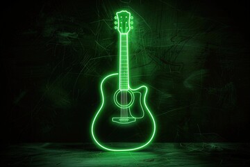 Green neon sign outline of an acoustic guitar, musical instruments, music