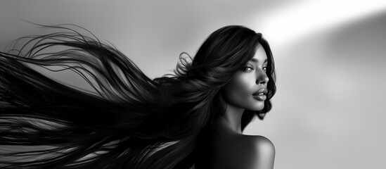 A beautiful woman showcasing long, smooth, and shiny hair, advertising hair dye products, hair care, in black and white, copy space