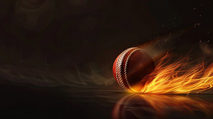 A stunning photorealistic image of a fiery cricket ball in motion on a pitch under powerful floodlights and set against a black background, capturing the excitement and energy of the sport.