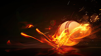 A stunning photorealistic image of a fiery cricket ball in motion on a pitch under powerful floodlights and set against a black background, capturing the excitement and energy of the sport.