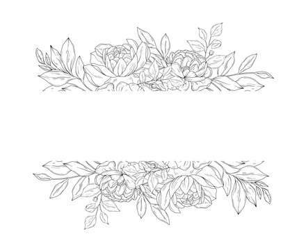 Vector floral frame with peony flowers, hand drawn wedding card design, botanical border, hand drawn line art floral illustration

