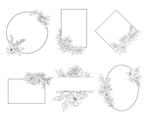 Vector set of elegant floral frames with flowers, branches and leaves, hand drawn wedding card design, botanical borders, hand drawn line art floral illustration