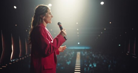 Portrait of a Caucasian Speaker Coaching Specialists During a Presentation at a Business and Technology Conference. Female Talking About Her Personal Growth Story, Career Path and Opportunities 