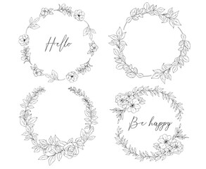 Vector set of elegant floral wreaths with branches and flowers, hand drawn wedding card design, botanical borders, hand drawn line art floral illustration