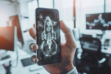 Hand holding a cell phone with the screen open showing a drawn rocket, startup and business concept.