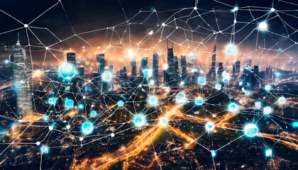 Fototapeta premium Smart city with connecting network and internet of.