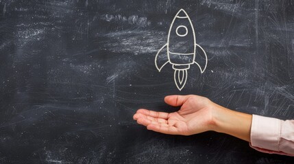 Hand holding a rocket drawn on a blackboard background, concept of business, startup, innovation