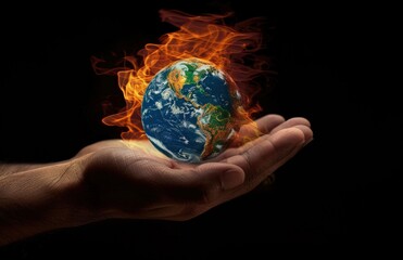 Hand holding burning Earth globe, concept of global warming and climate change.