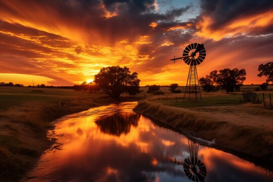 A tranquil scene with a classic windmill silhouette against a vibrant sunset sky reflected in a serene creek