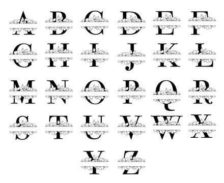 Set of vector monogram letters with flowers, split floral letters, floral alphabet