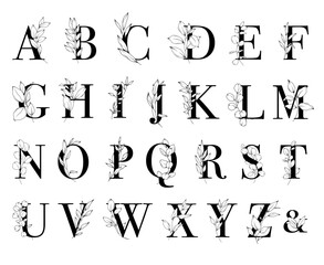 Set of vector letters with line art leaves and branches, floral alphabet
