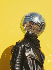 A man with a disco ball instead of a head. Music lover on yellow background