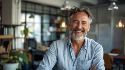 Obraz premium Photo of a senior consultant in a brightly lit office, his smile capturing the essence of leadership and experience